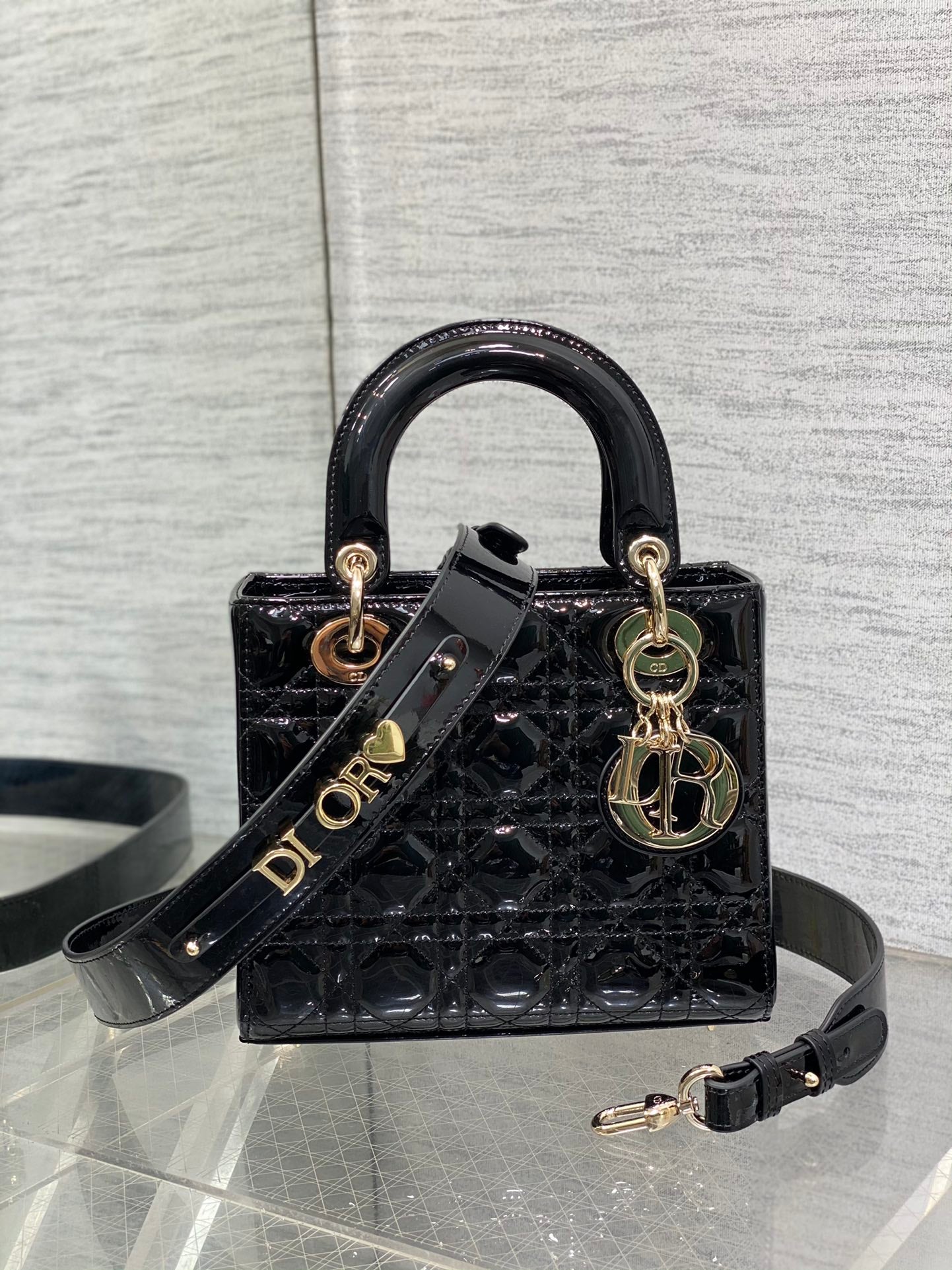 Dior Classic Black Quilted Patent Leather Mini Top Handle Bag