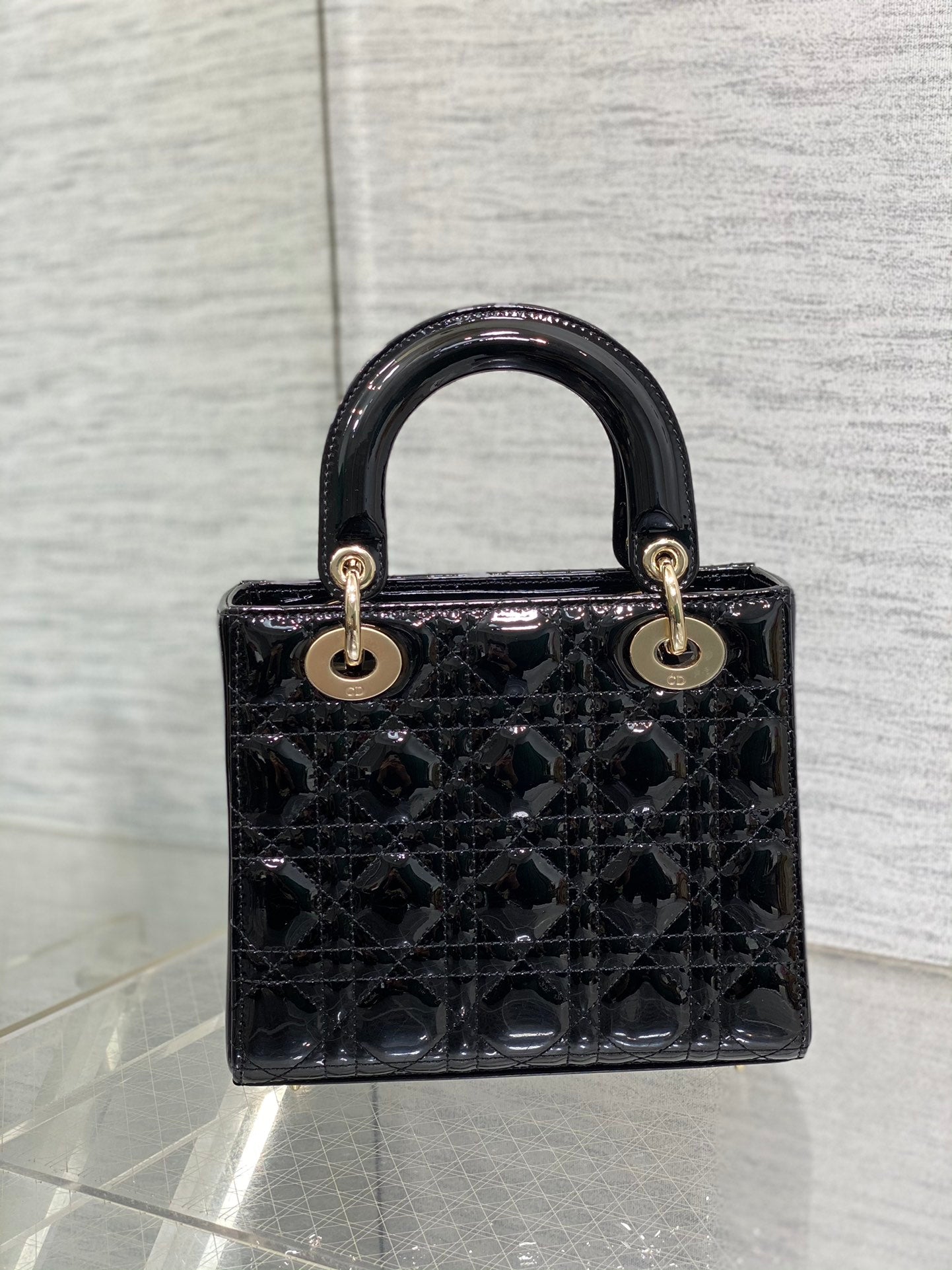 Dior Elegant Black Patent Quilted Mini Tote Bag with Gold Tone Hardware