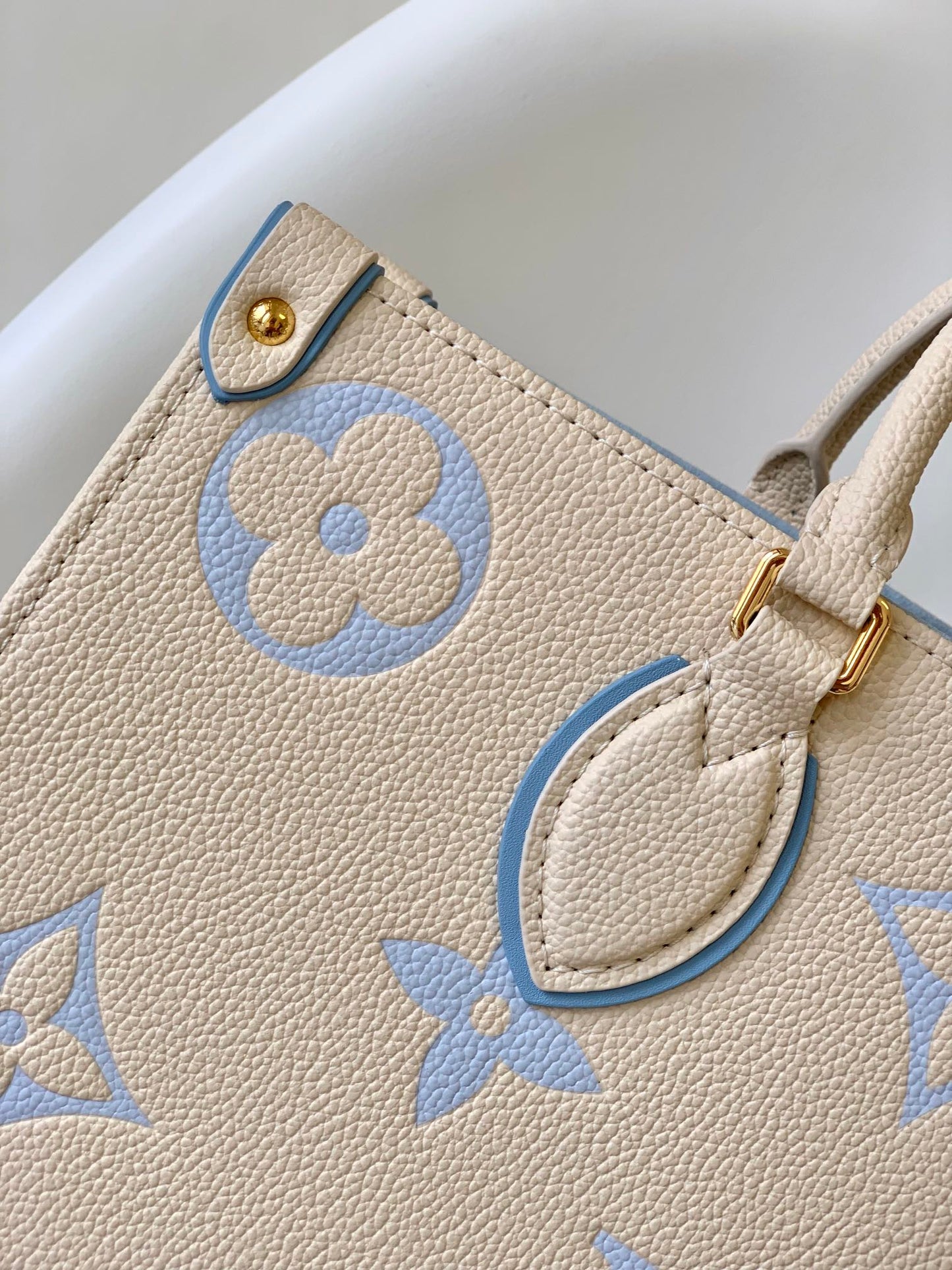 Louis Vuitton Elegant Beige and Pastel Blue Monogram Pattern Top Handle Tote Bag