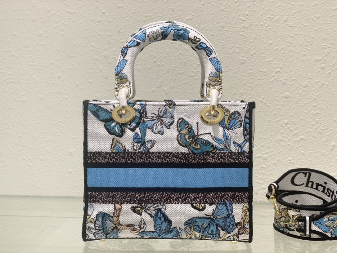 Dior Blue Butterfly Embroidered Top Handle Bag with Shoulder Strap