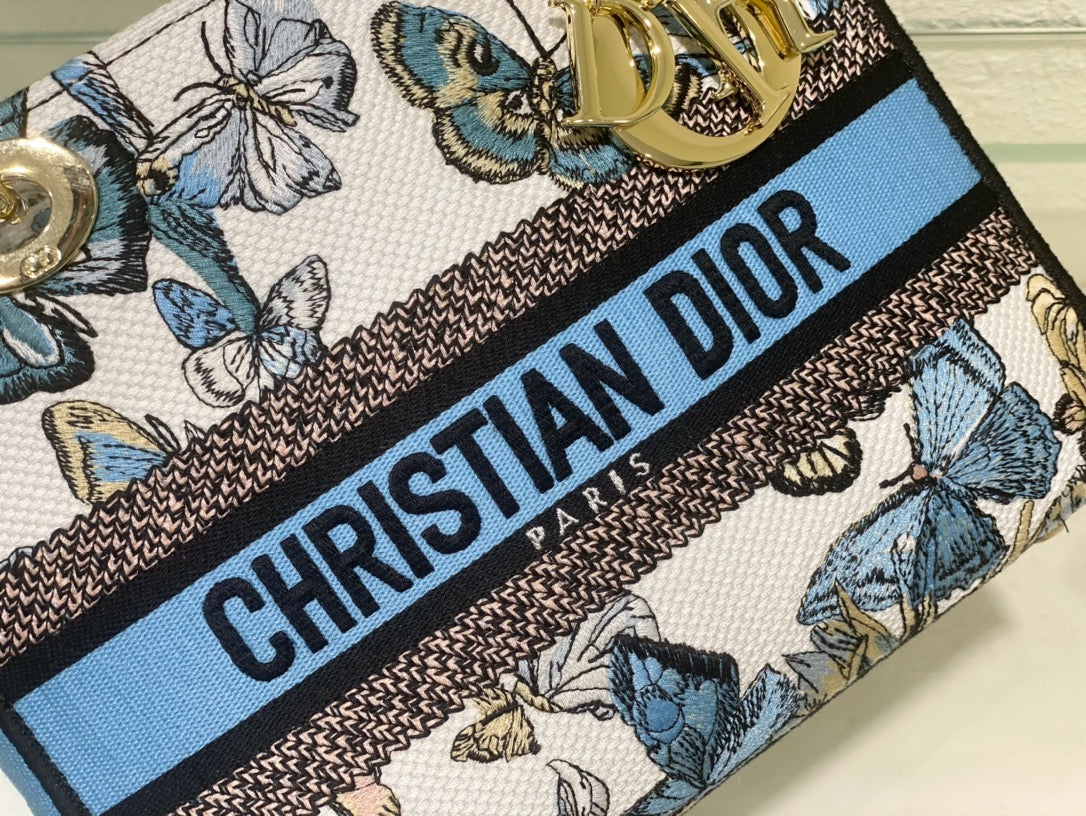 Dior Blue Butterfly Embroidered Top Handle Bag with Shoulder Strap