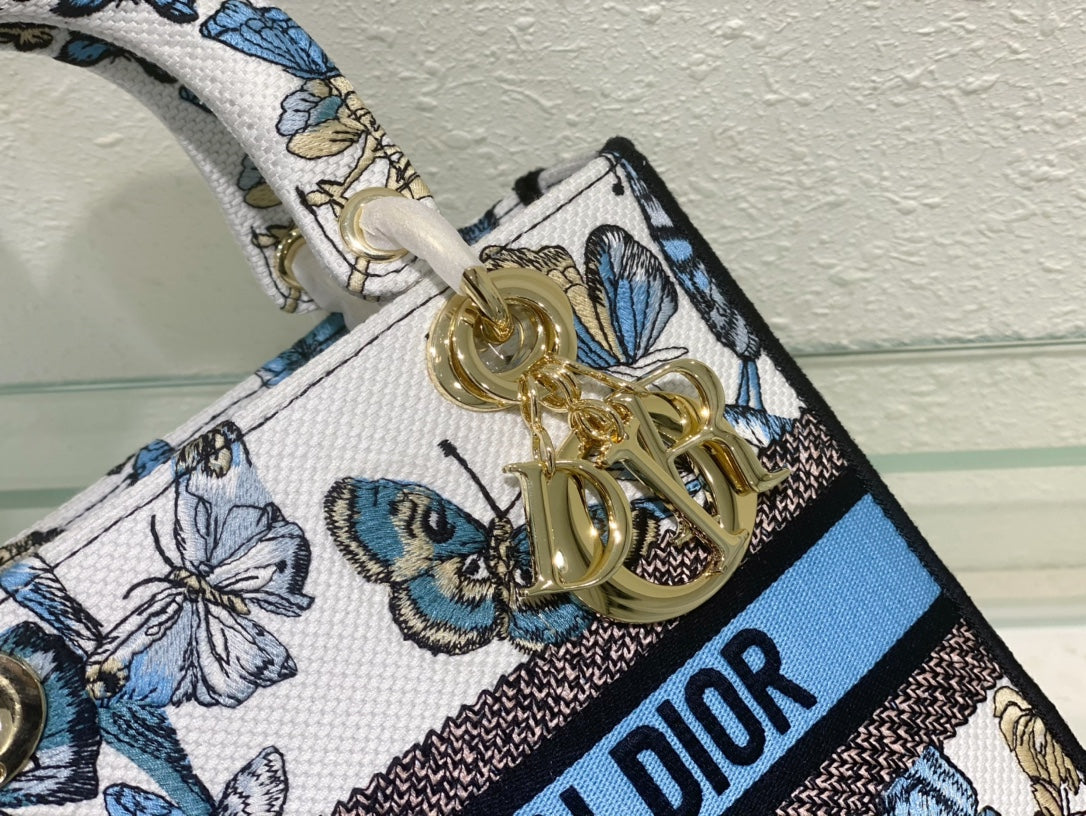 Dior Blue Butterfly Embroidered Top Handle Bag with Shoulder Strap