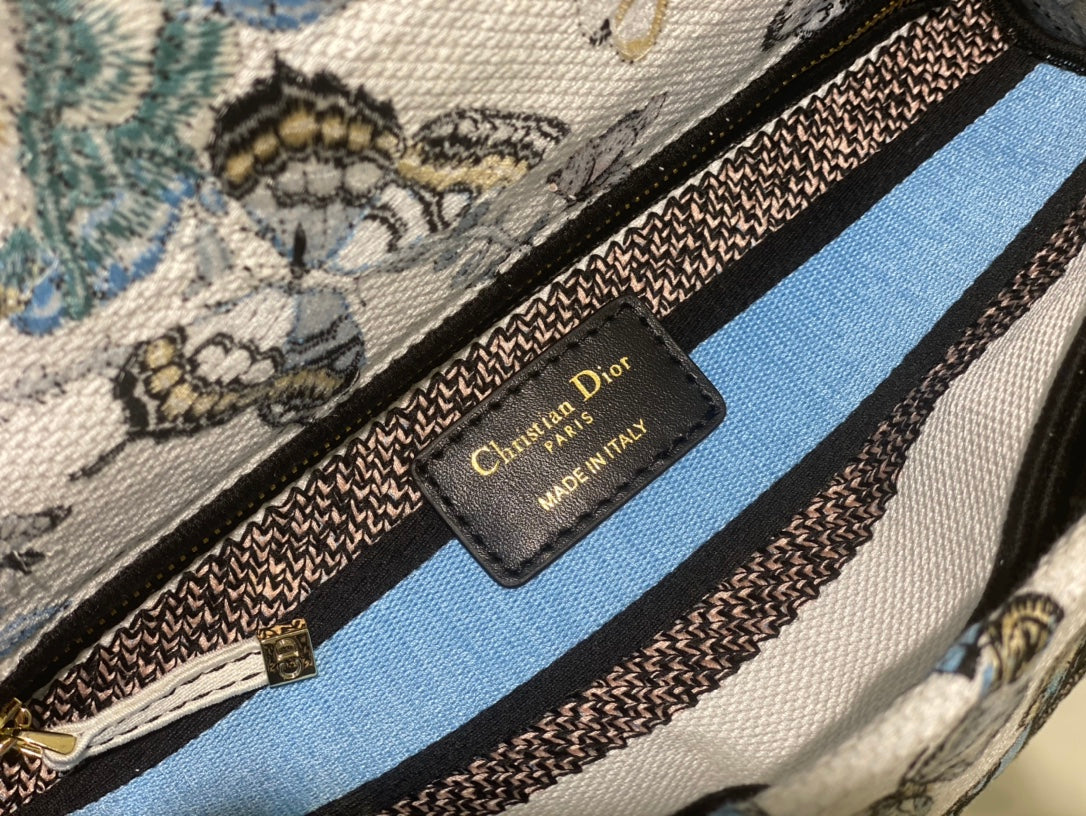 Dior Blue Butterfly Embroidered Top Handle Bag with Shoulder Strap