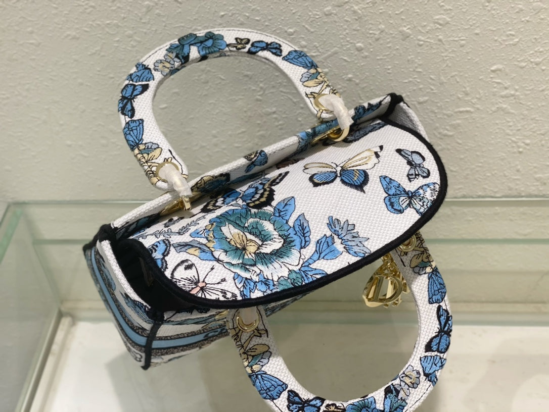 Dior Blue Butterfly Embroidered Top Handle Bag with Shoulder Strap