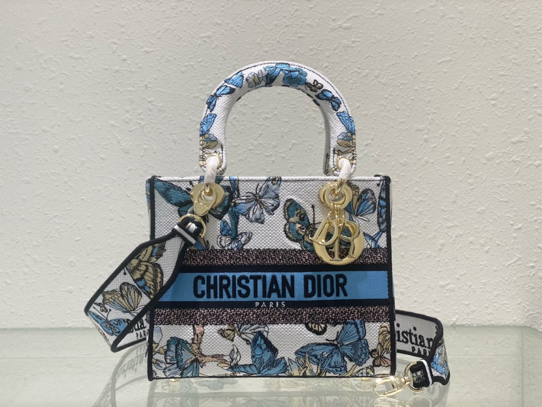 Dior Blue Butterfly Embroidered Top Handle Bag with Shoulder Strap