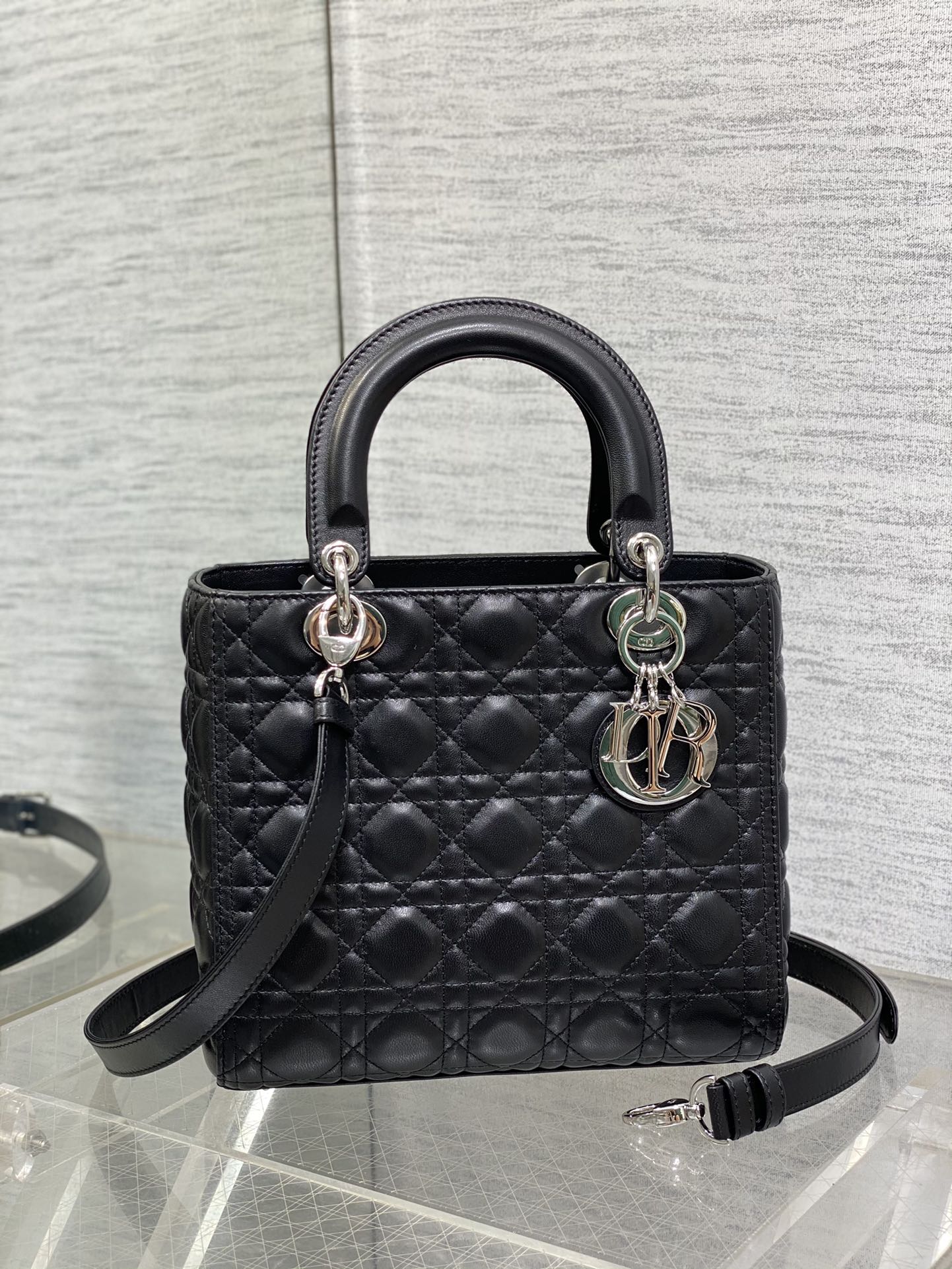 Dior Classic Black Quilted Leather Top Handle Handbag with Shoulder Strap