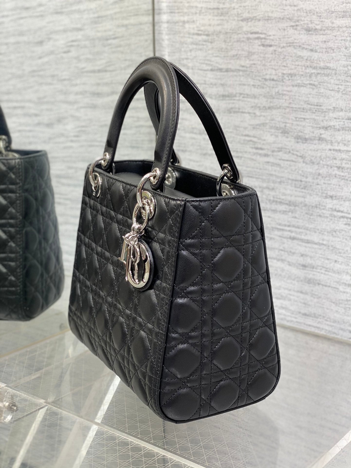 Dior Classic Black Quilted Leather Top Handle Handbag with Shoulder Strap