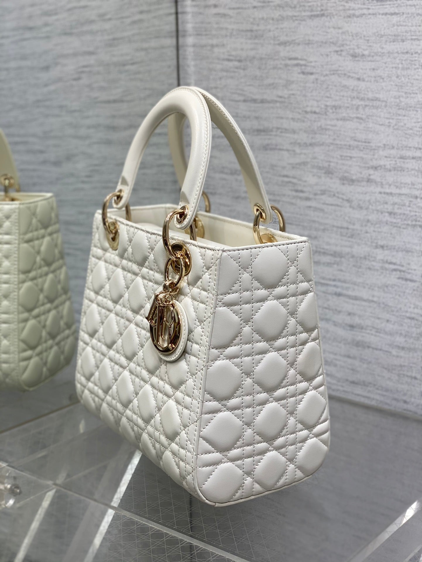Dior Classic White Quilted Leather Top Handle Handbag with Gold Charms