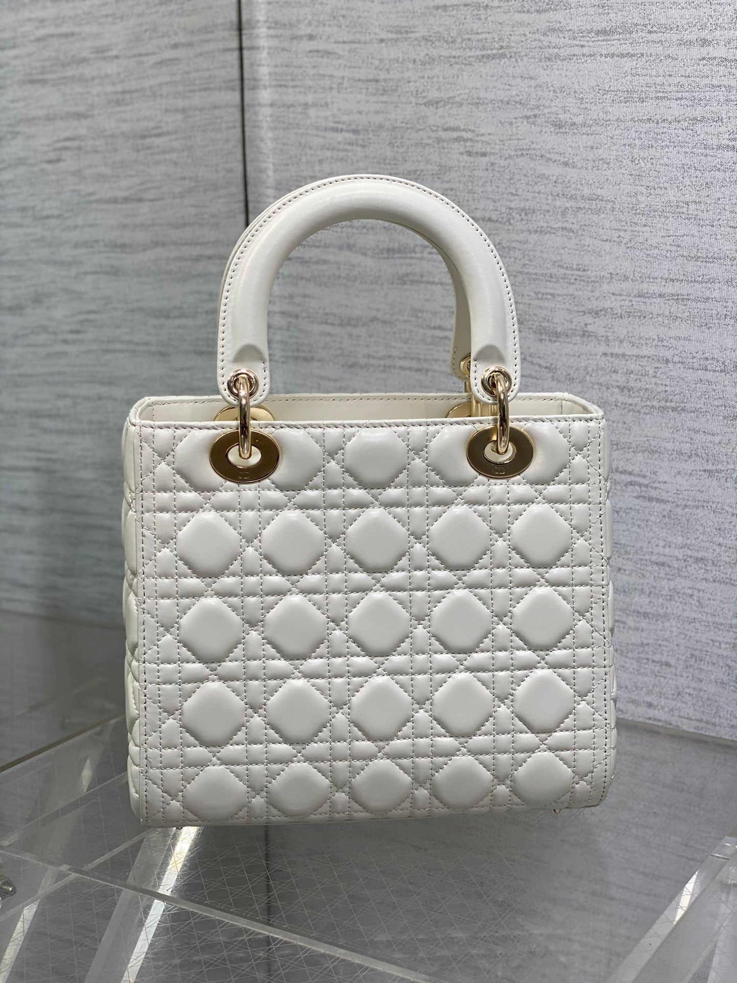 Dior Classic White Quilted Leather Top Handle Handbag with Gold Charms
