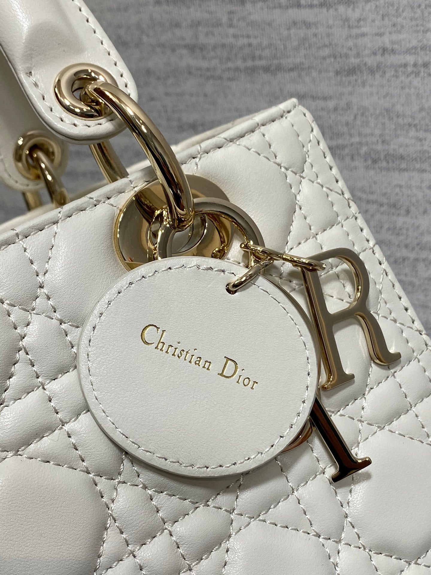 Dior Classic White Quilted Leather Top Handle Handbag with Gold Charms