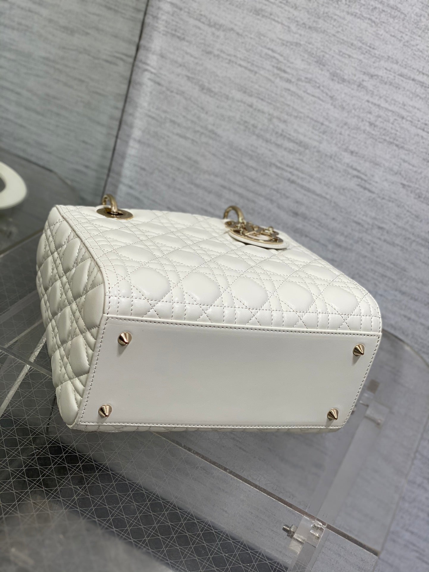 Dior Classic White Quilted Leather Top Handle Handbag with Gold Charms