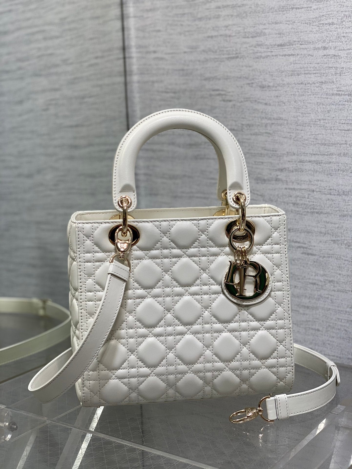 Dior Classic White Quilted Leather Top Handle Handbag with Gold Charms