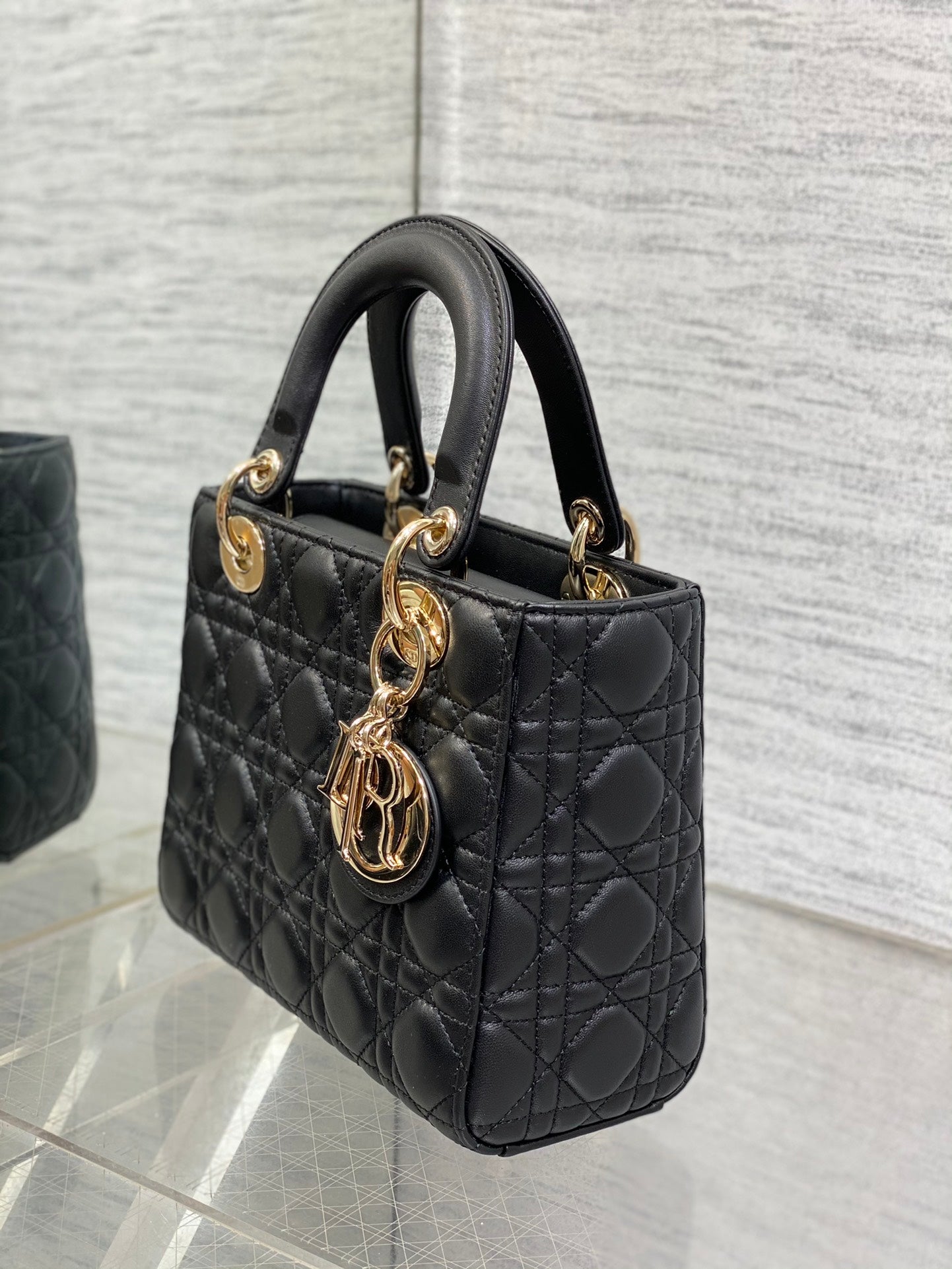 Dior Luxury Black Quilted Leather Mini Tote Bag with Gold Charm Accents