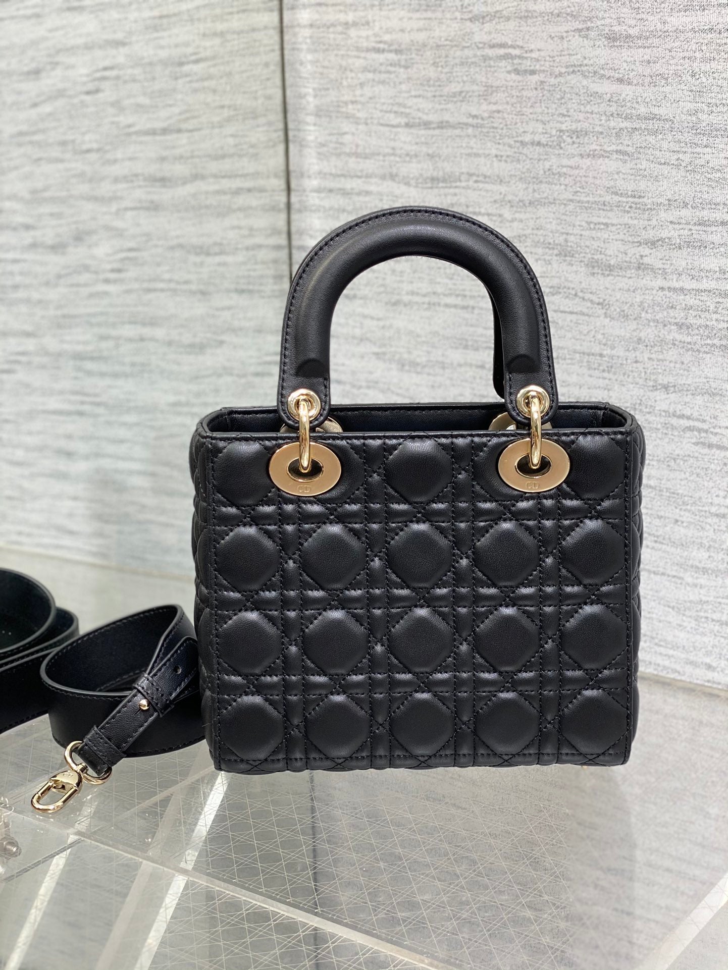 Dior Luxury Black Quilted Leather Mini Tote Bag with Gold Charm Accents