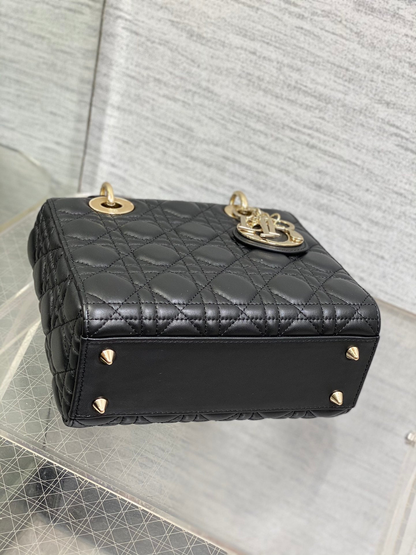 Dior Black Quilted Leather Top Handle Crossbody Bag with Gold Charms