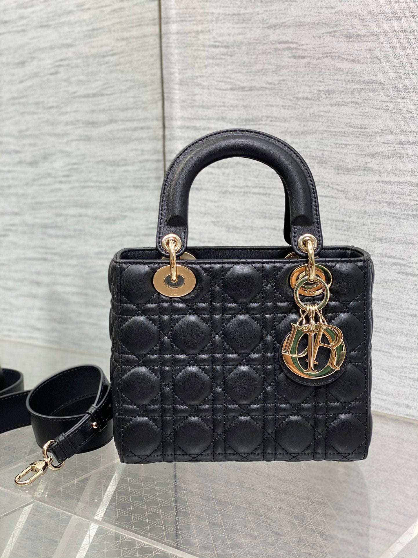 Dior Black Quilted Leather Top Handle Bag with Crossbody Strap