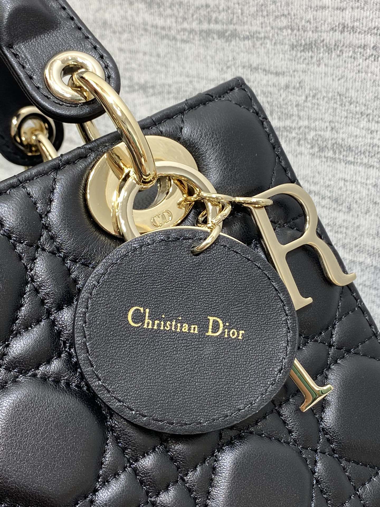 Dior Luxury Black Quilted Leather Mini Tote Bag with Gold Charm Accents