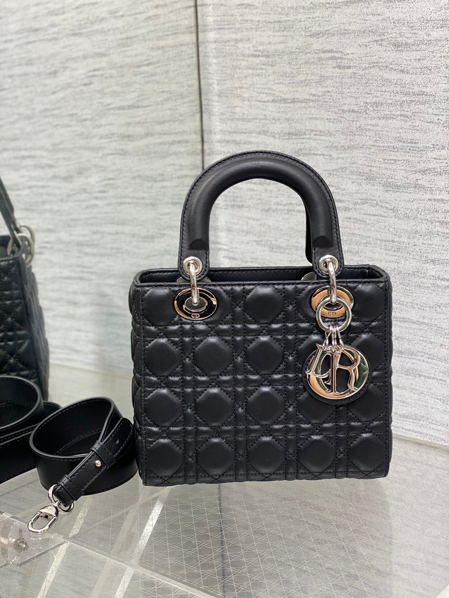 Dior Classic Black Quilted Leather Handbag with Top Handle and Strap