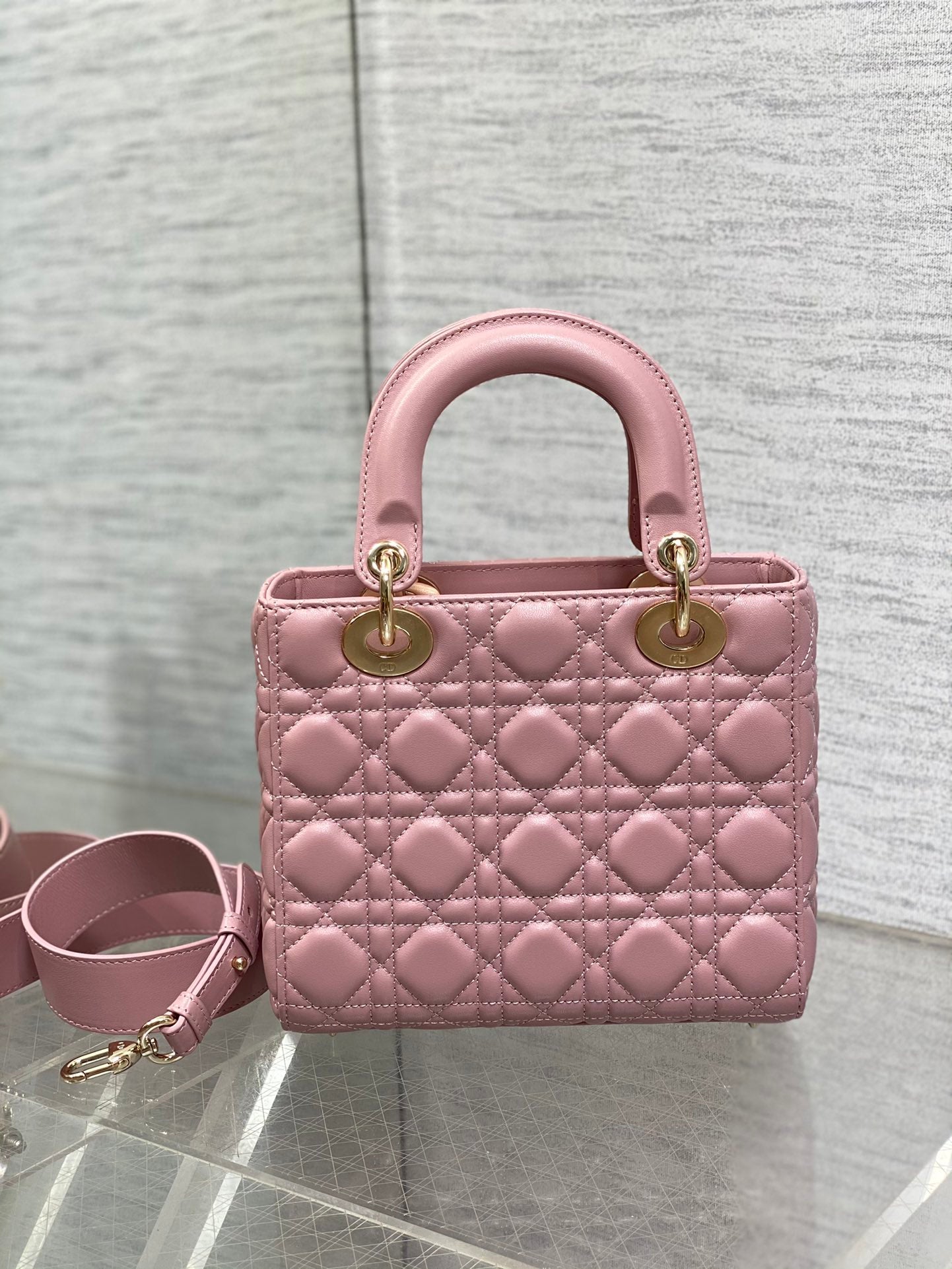 Dior Pink Quilted Leather Mini Top Handle Bag with Shoulder Strap