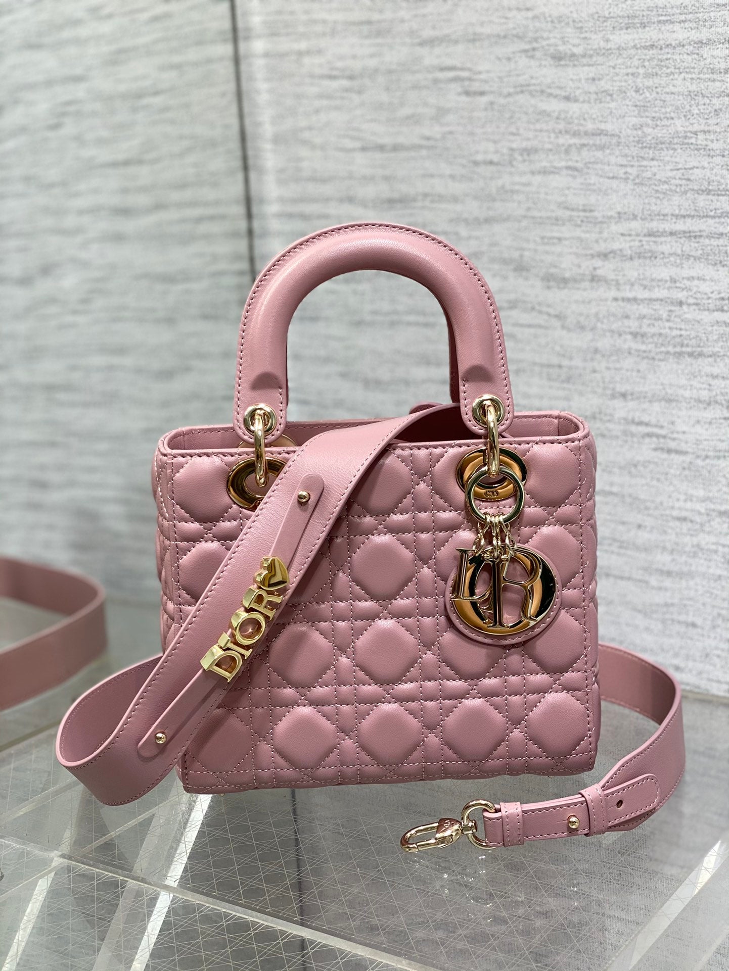 Dior Pink Quilted Leather Mini Top Handle Bag with Shoulder Strap