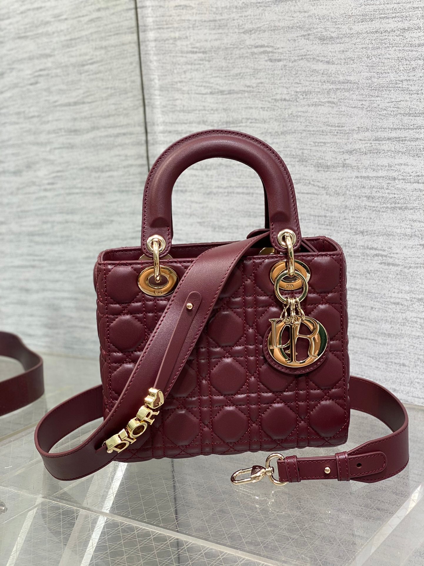 Dior Burgundy Quilted Leather Top Handle Handbag with Crossbody Strap