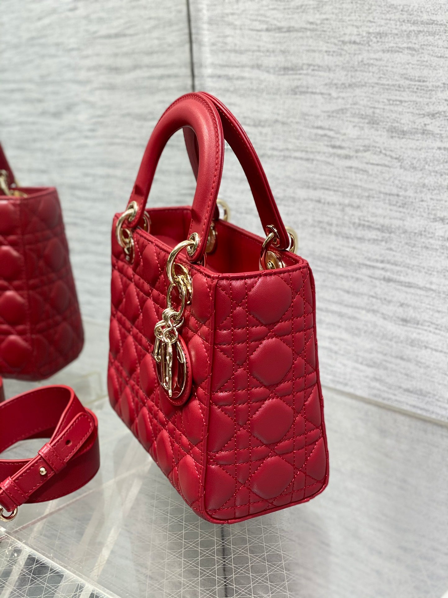 Dior Classic Red Quilted Leather Handbag with Detachable Strap