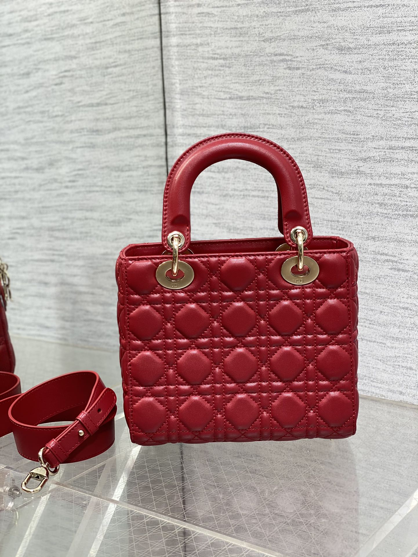 Dior Red Quilted Leather Mini Top Handle Handbag with Gold Charms