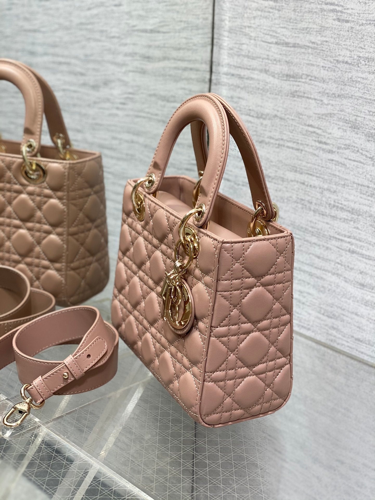 Dior Elegant Nude Pink Quilted Leather Handbag with Shoulder Strap