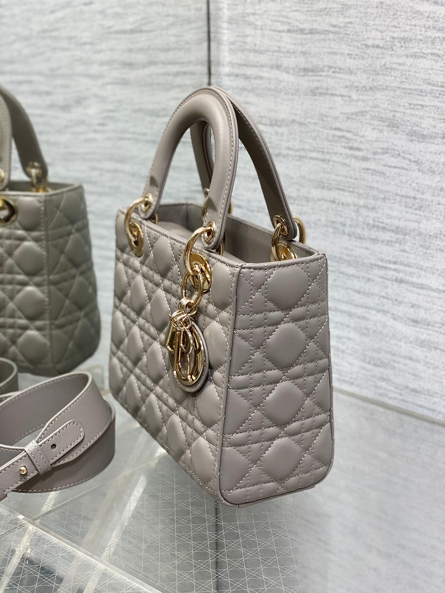 Dior Classic Grey Quilted Leather Top Handle Bag with Shoulder Strap