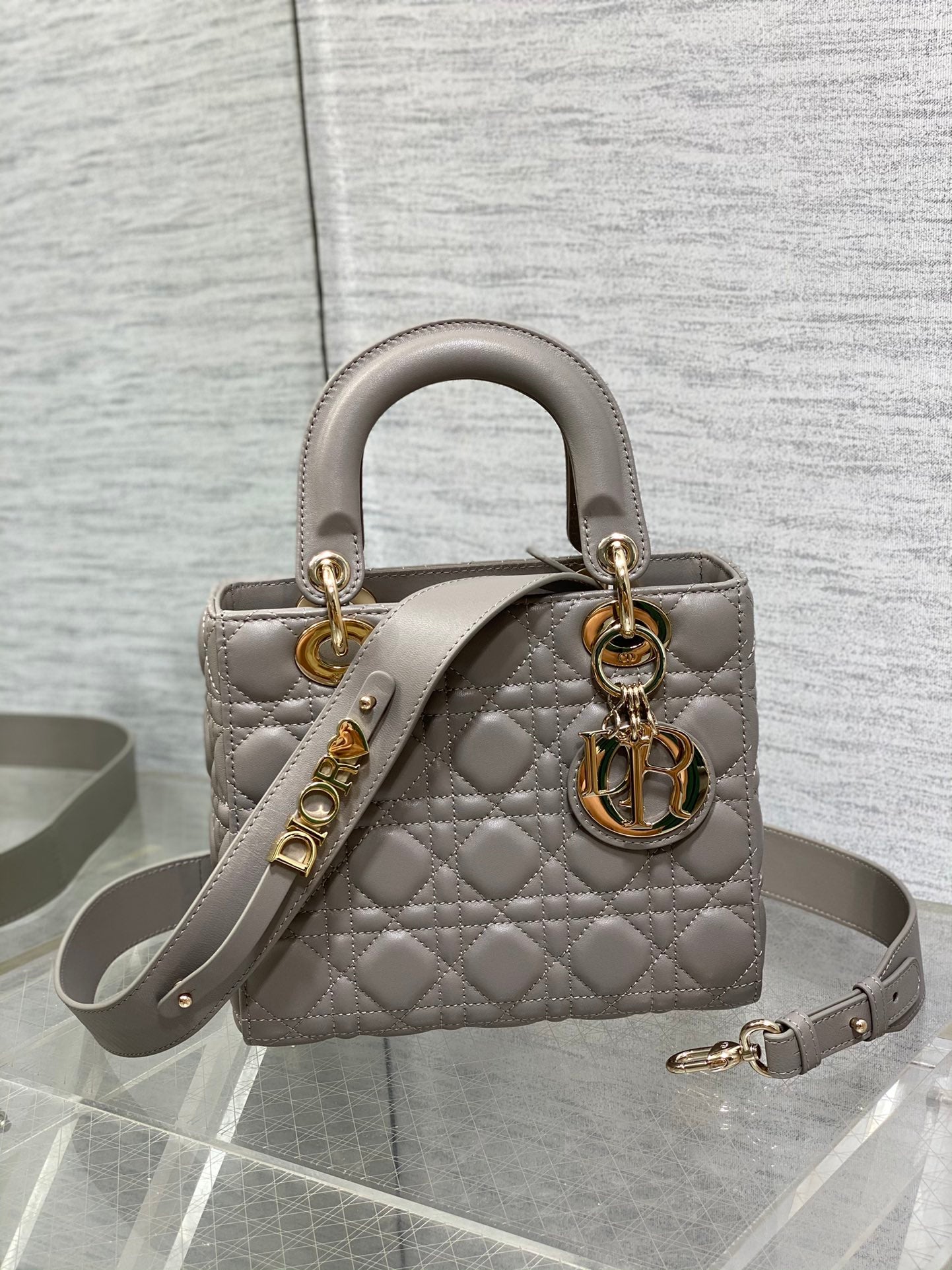 Dior Classic Grey Quilted Leather Top Handle Bag with Shoulder Strap