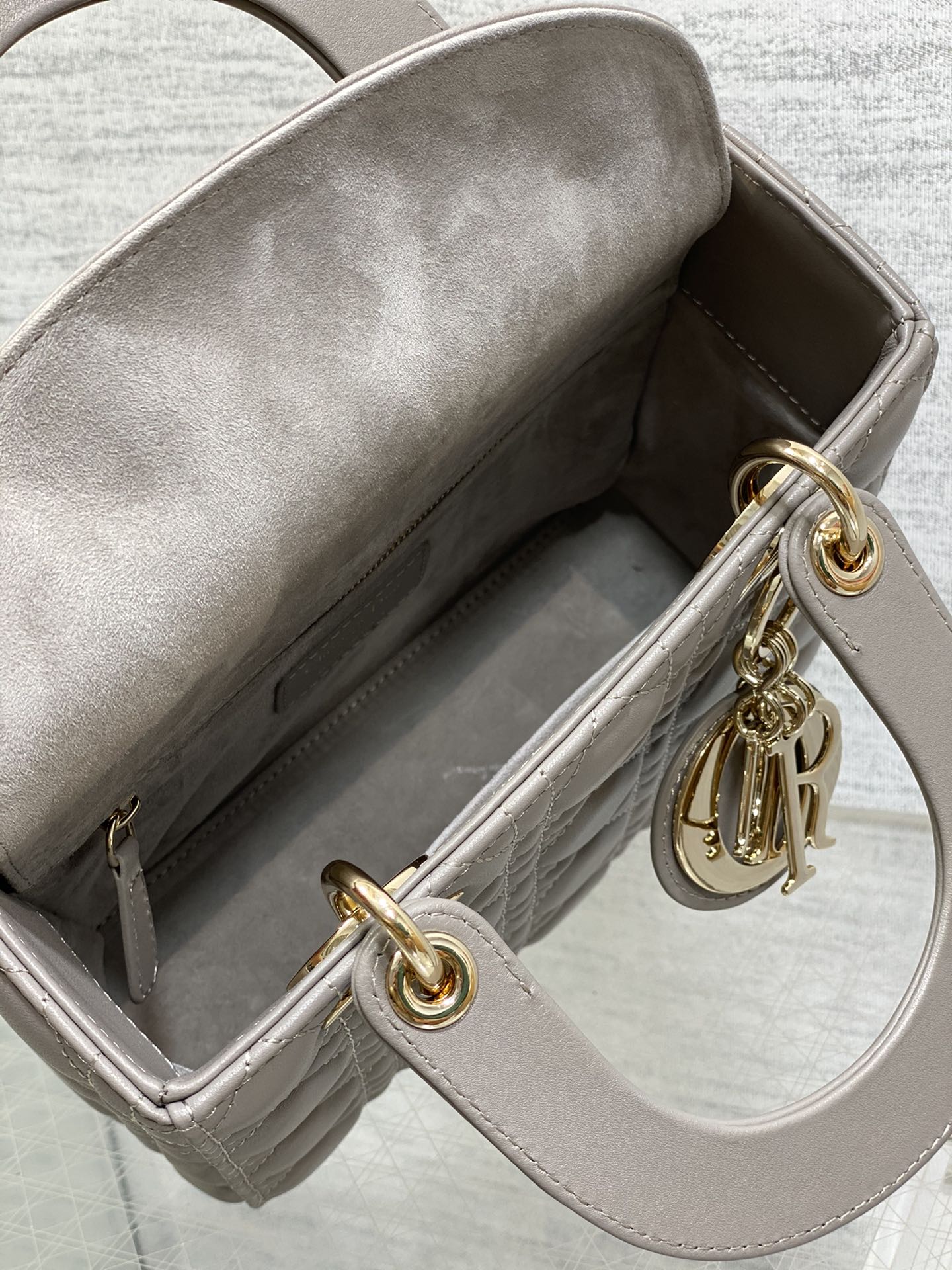 Dior Classic Grey Quilted Leather Handbag with Gold Charm Strap