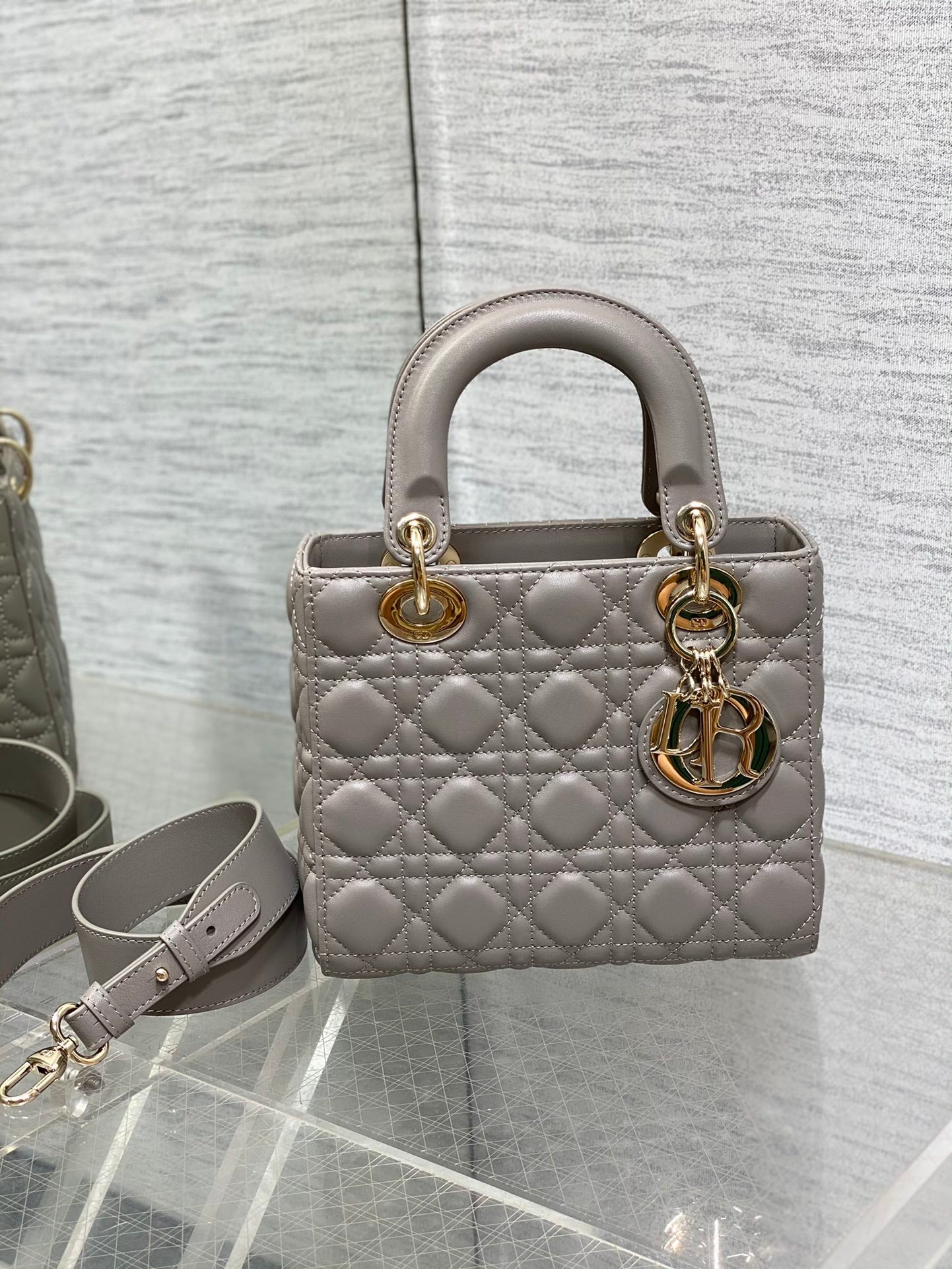 Dior Grey Diamond Quilted Leather Top Handle Bag with Shoulder Strap