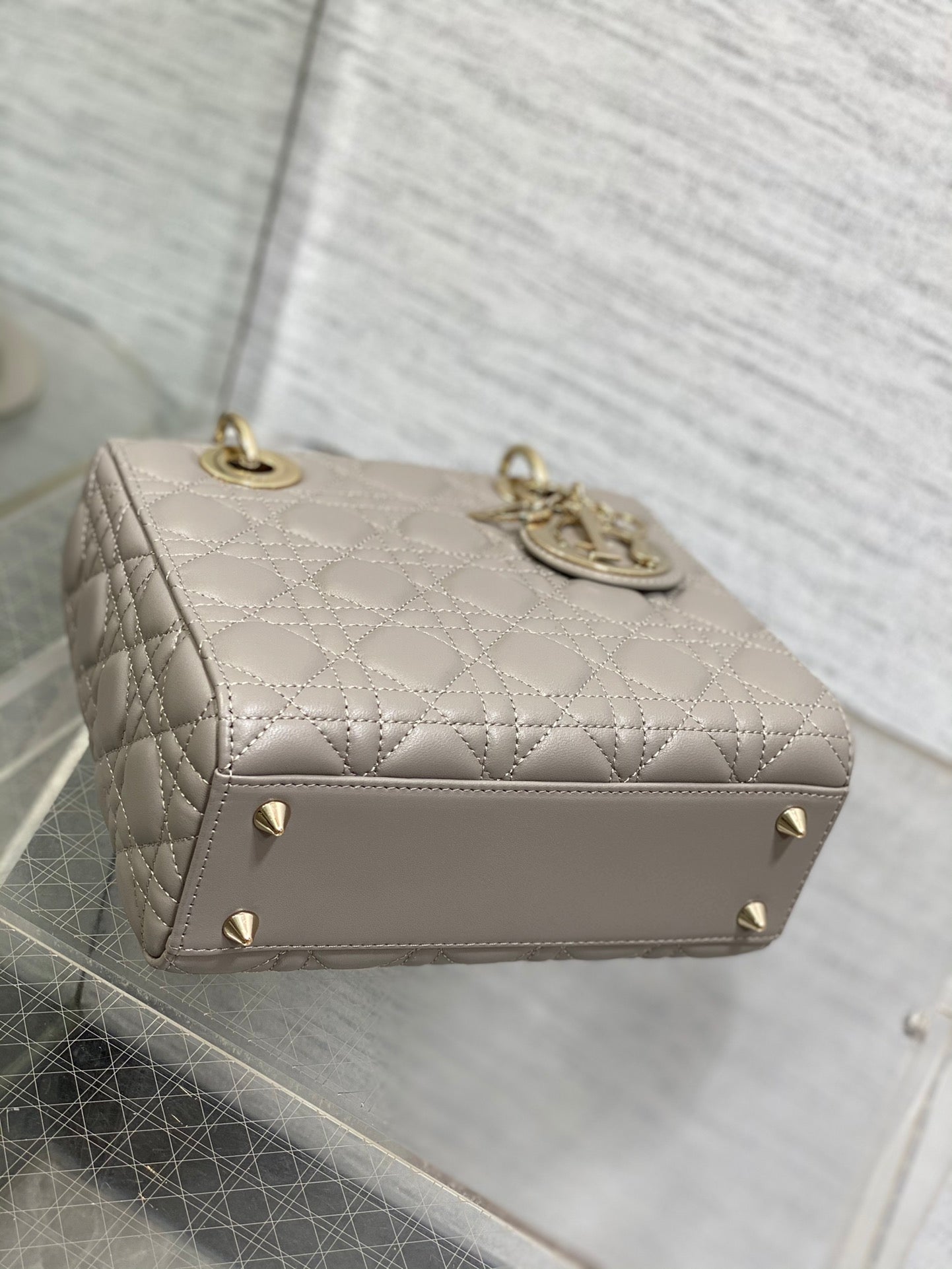 Dior Classic Grey Quilted Leather Handbag with Gold Charm Strap