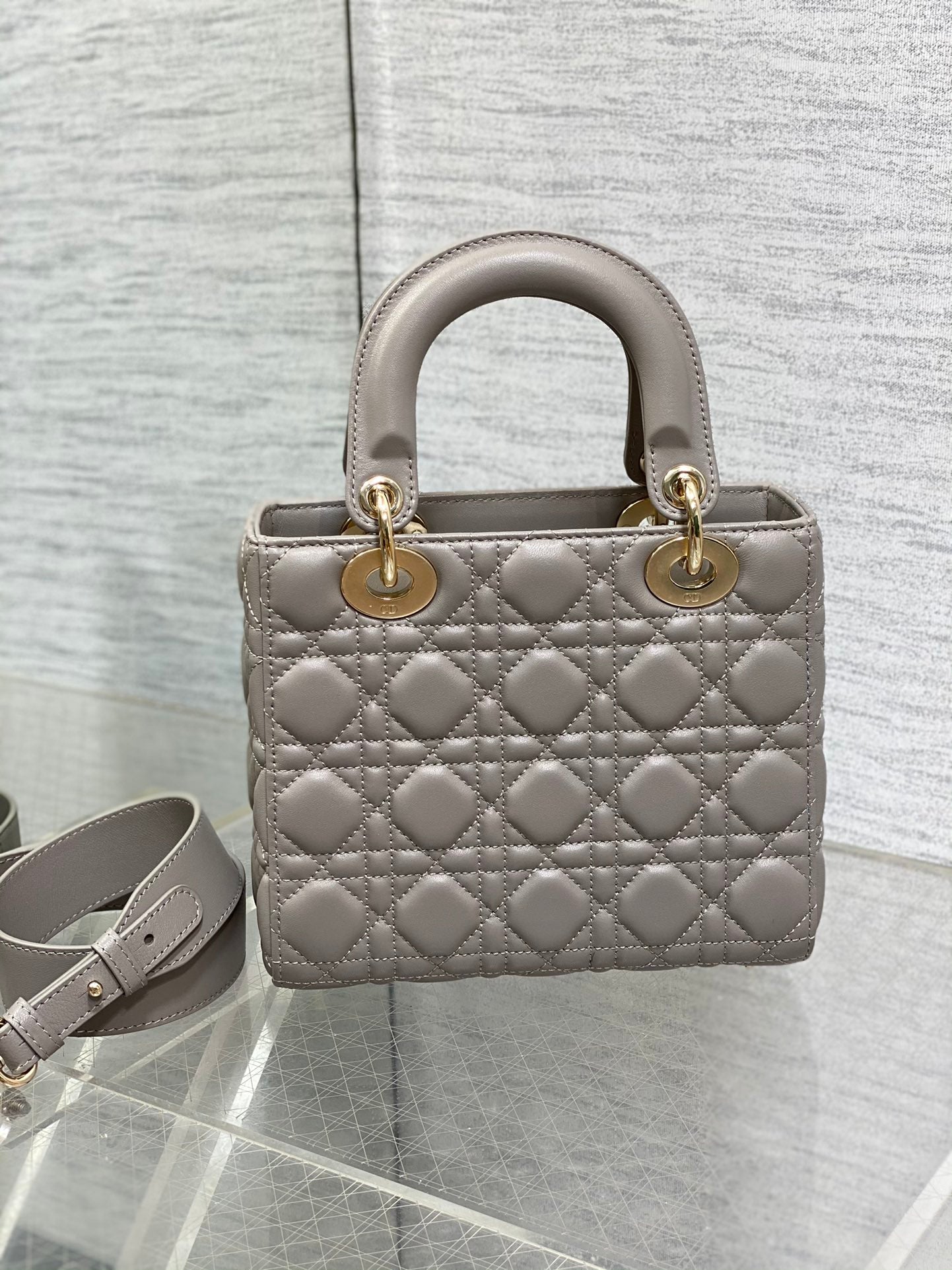 Dior Classic Grey Quilted Leather Handbag with Gold Charm Strap