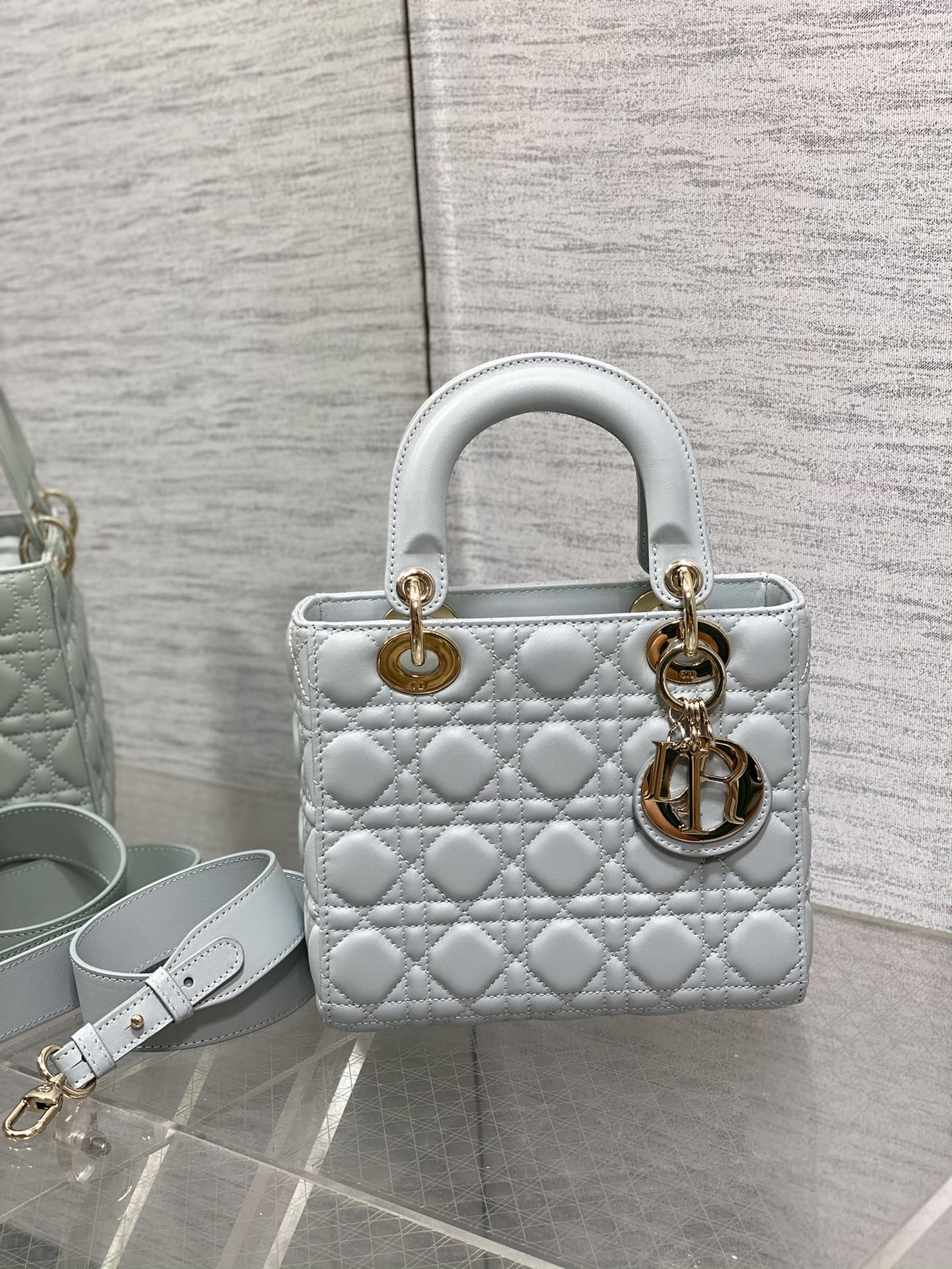 Dior Light Blue Quilted Leather Top Handle Handbag with Crossbody Strap
