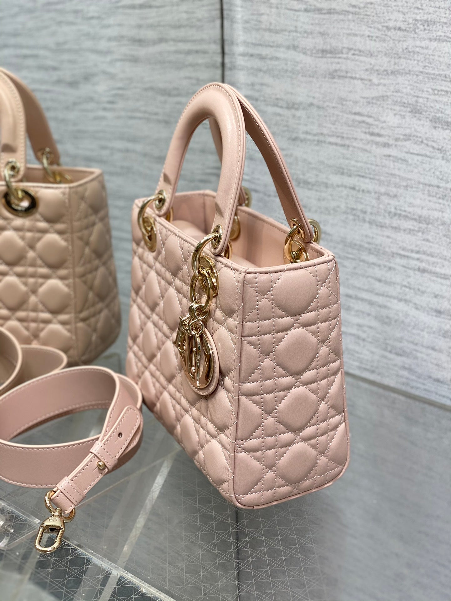 Dior Light Pink Quilted Leather Handbag with Top Handle and Gold Hardware