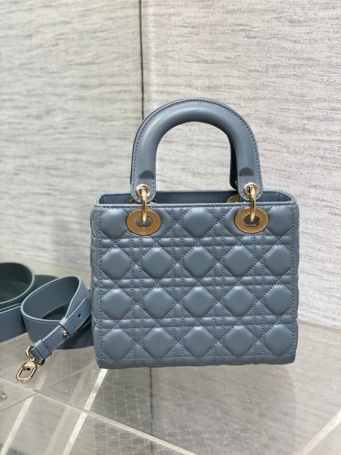 Dior Elegant Dusty Blue Quilted Leather Top Handle Crossbody Bag