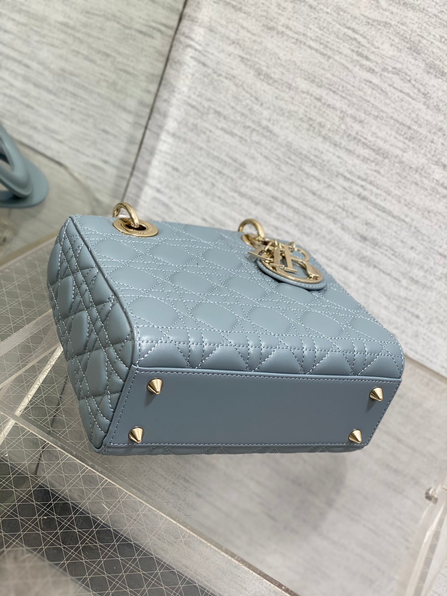 Dior Elegant Dusty Blue Quilted Leather Top Handle Crossbody Bag