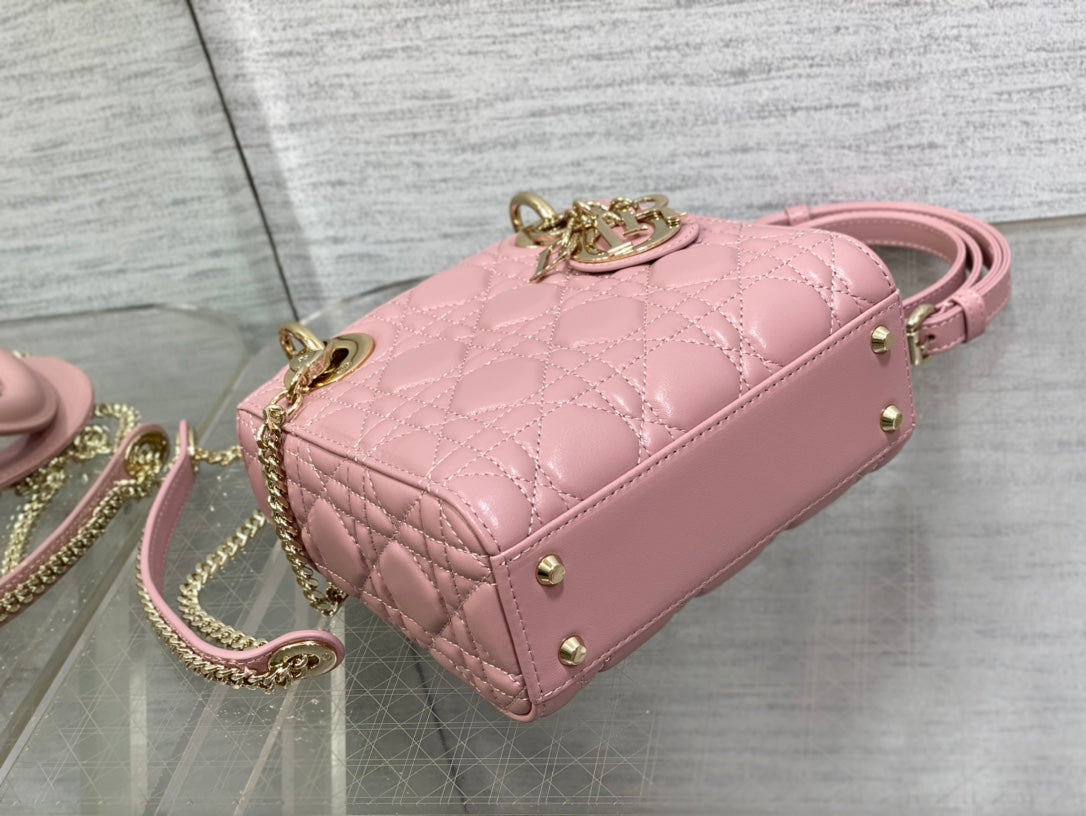 Dior Elegant Pink Quilted Mini Handbag with Gold Chain Crossbody Strap