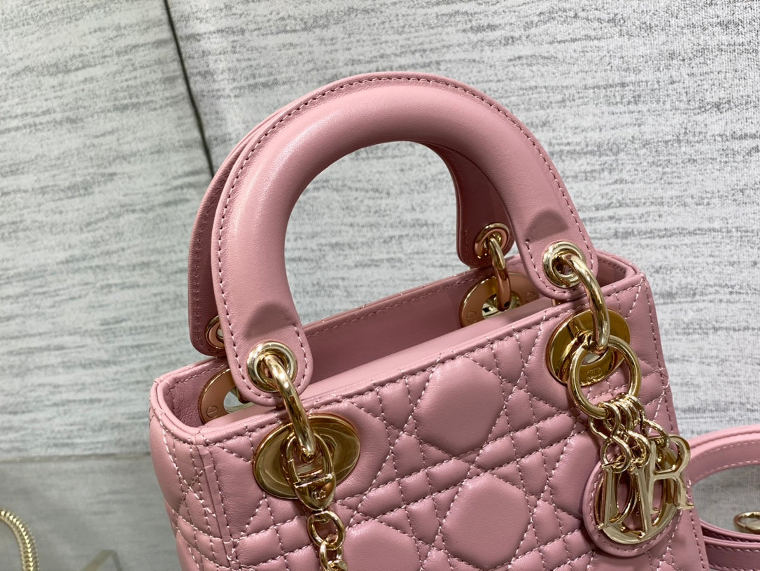 Dior Elegant Pink Quilted Mini Handbag with Gold Chain Crossbody Strap