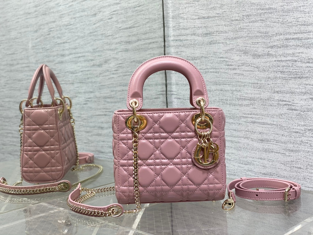 Dior Elegant Pink Quilted Mini Handbag with Gold Chain Crossbody Strap