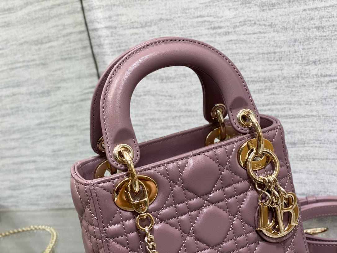 Christian Dior Mini Lady Dior Bag in Pearlescent Mauve Cannage Lambskin