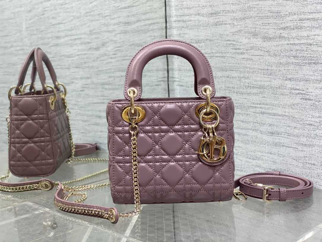 Christian Dior Mini Lady Dior Bag in Pearlescent Mauve Cannage Lambskin