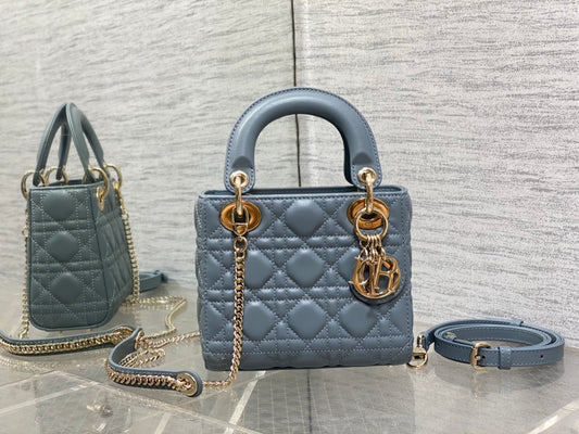 Dior Dusty Blue Quilted Leather Mini Top Handle Crossbody Handbag