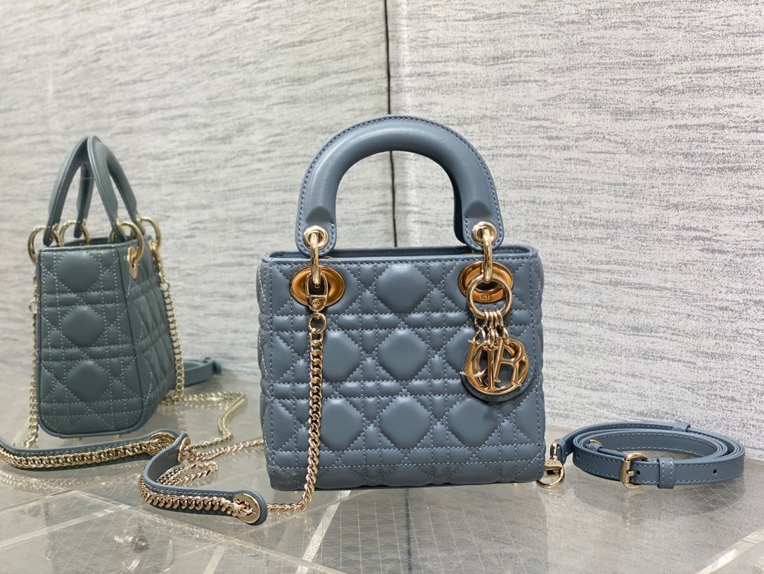 Dior Luxury Dusty Blue Quilted Leather Mini Handbag with Gold Chain