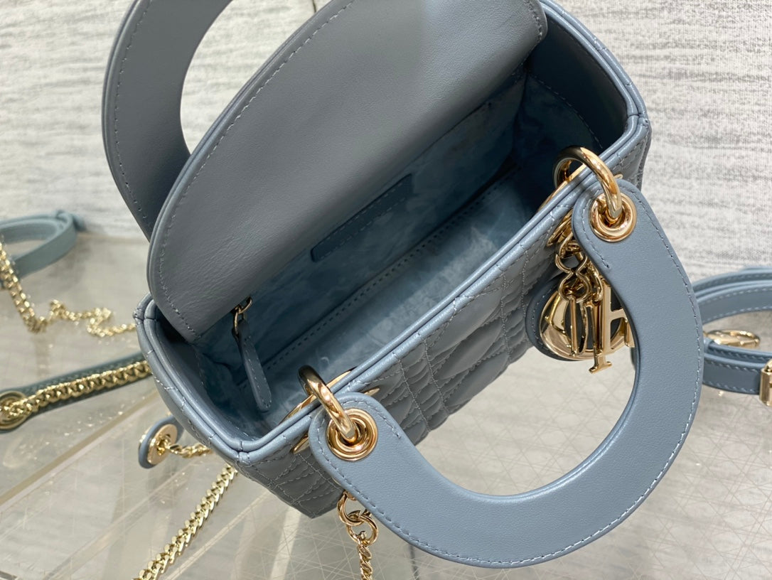 Dior Luxury Dusty Blue Quilted Leather Mini Handbag with Gold Chain