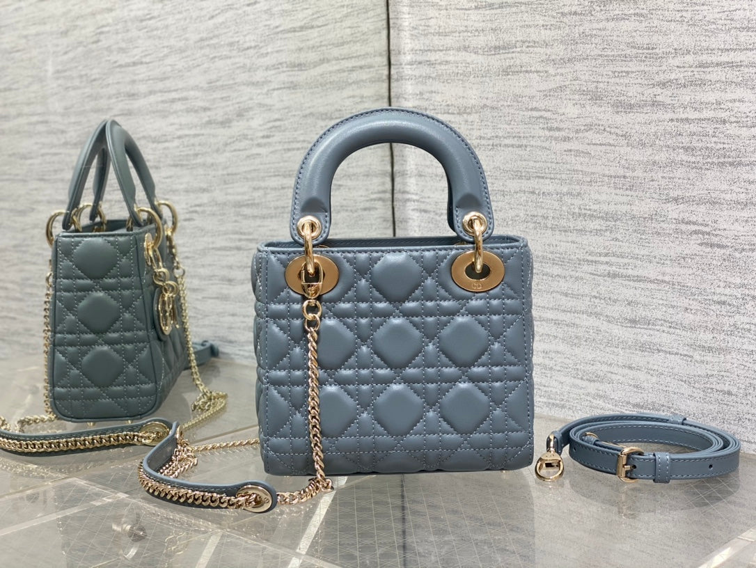 Dior Luxury Dusty Blue Quilted Leather Mini Handbag with Gold Chain