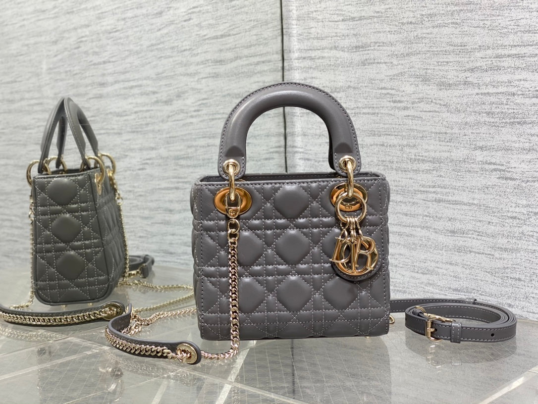 Dior Elegant Grey Quilted Leather Mini Handbag with Gold Chain Strap