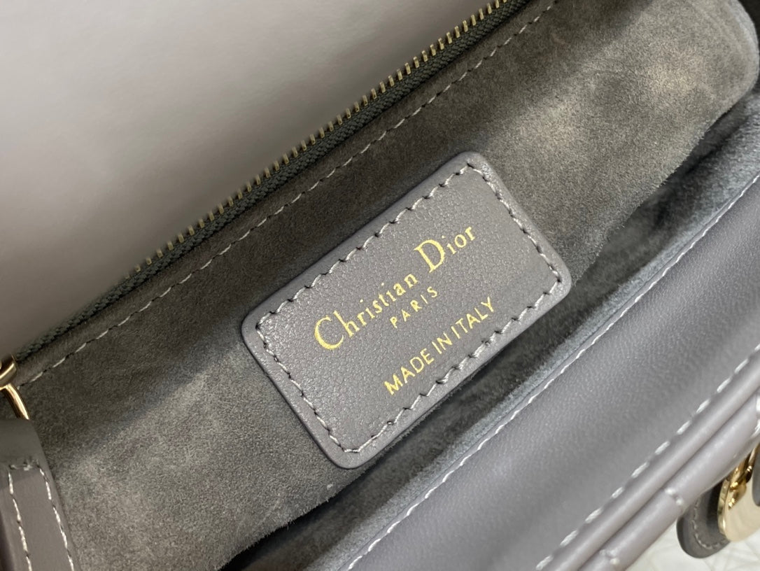 Dior Elegant Grey Quilted Leather Mini Handbag with Gold Chain Strap
