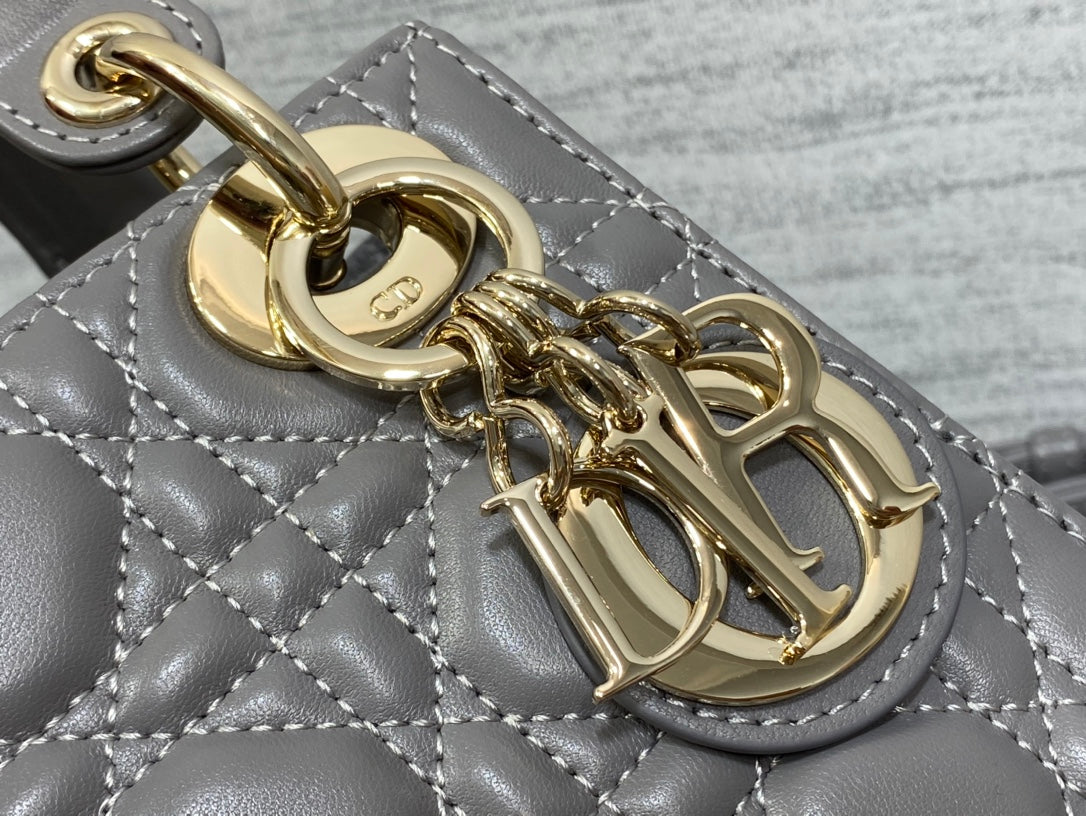 Dior Elegant Grey Quilted Leather Mini Handbag with Gold Chain Strap